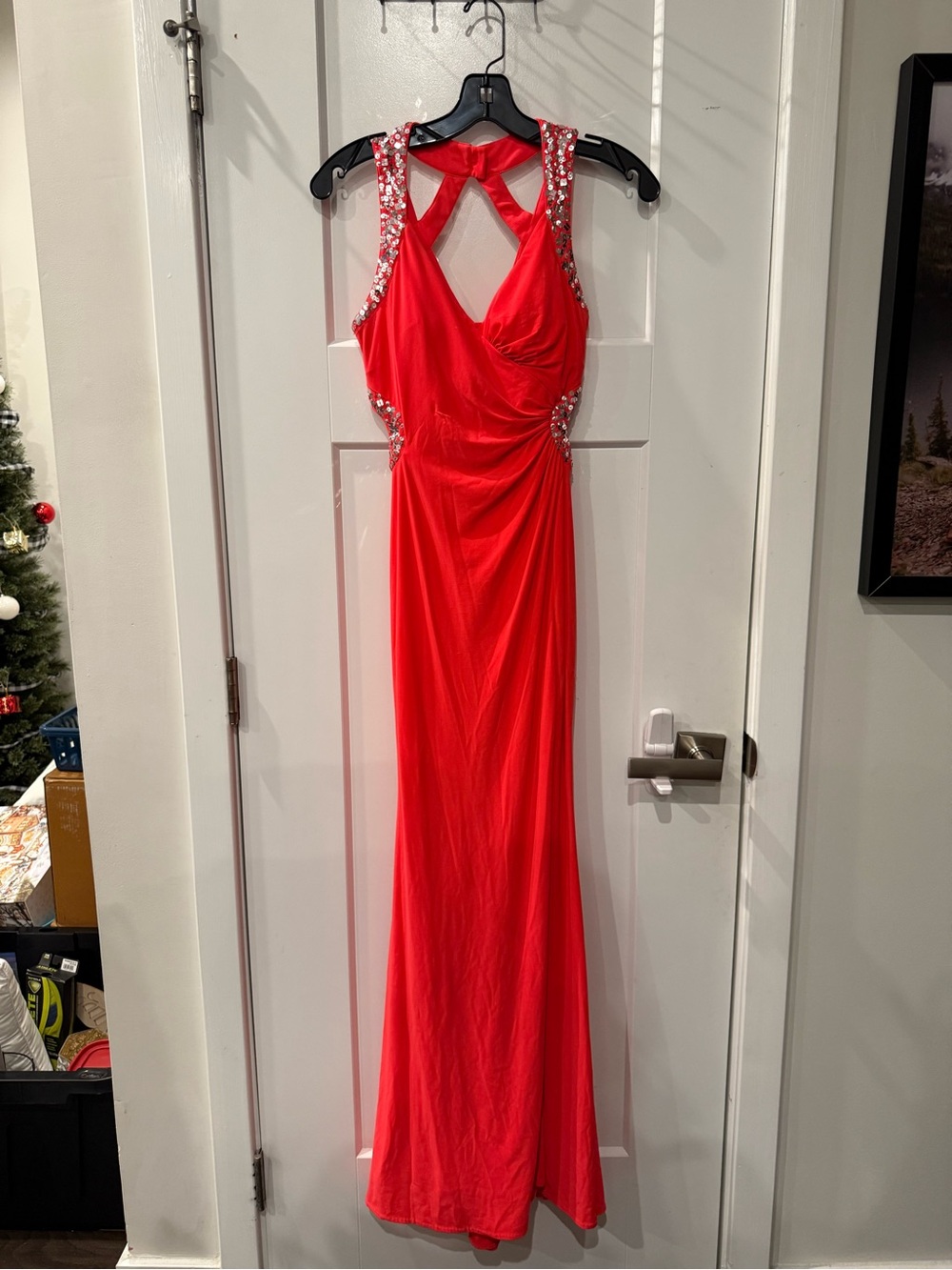 Deb Red Beaded Halter-Style Prom Gown